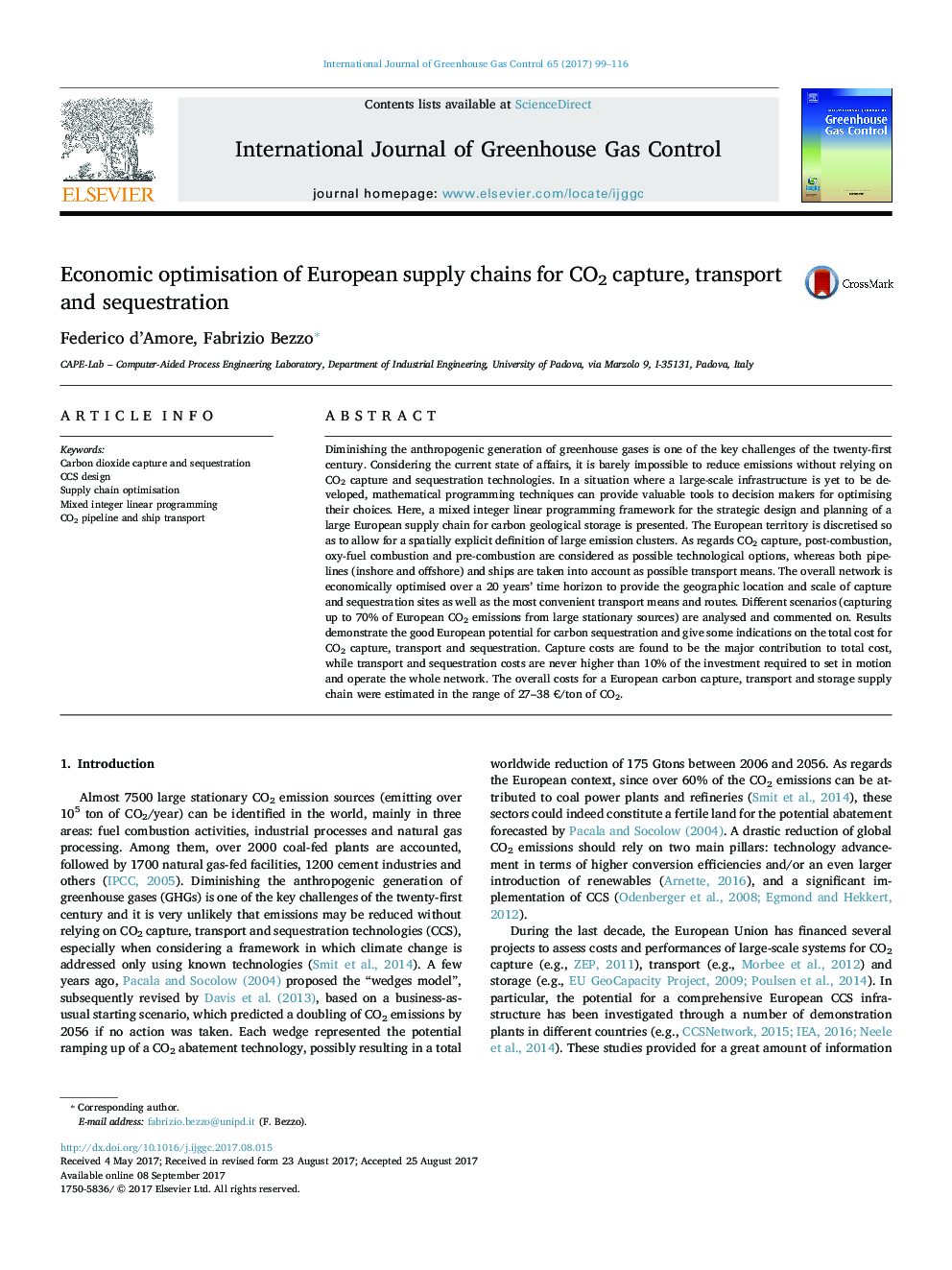 Economic optimisation of European supply chains for CO2 capture, transport and sequestration
