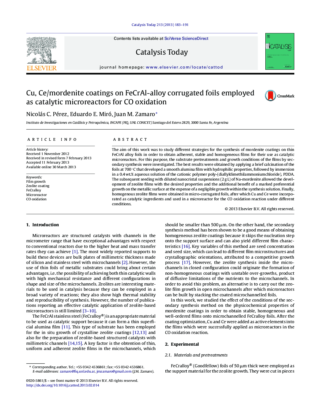 Cu, Ce/mordenite coatings on FeCrAl-alloy corrugated foils employed as catalytic microreactors for CO oxidation