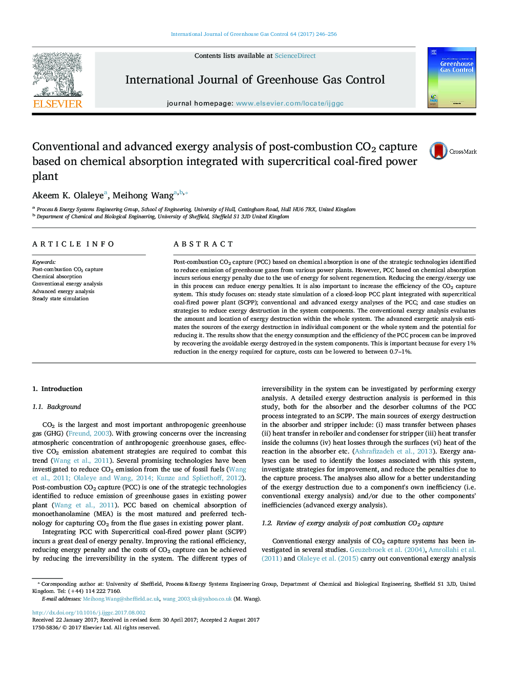 Conventional and advanced exergy analysis of post-combustion CO2 capture based on chemical absorption integrated with supercritical coal-fired power plant