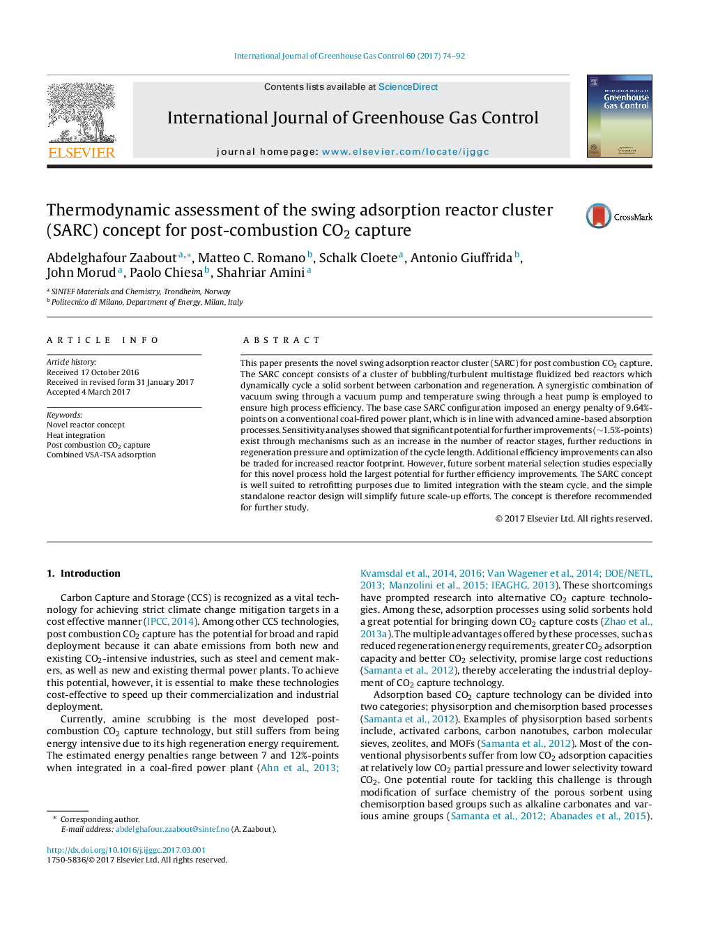 Thermodynamic assessment of the swing adsorption reactor cluster (SARC) concept for post-combustion CO2 capture