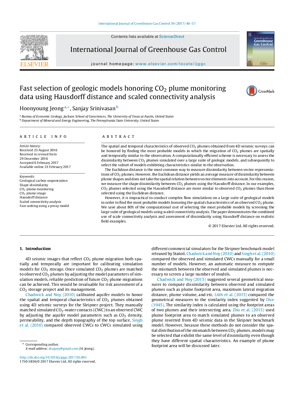 Fast selection of geologic models honoring CO2 plume monitoring data using Hausdorff distance and scaled connectivity analysis