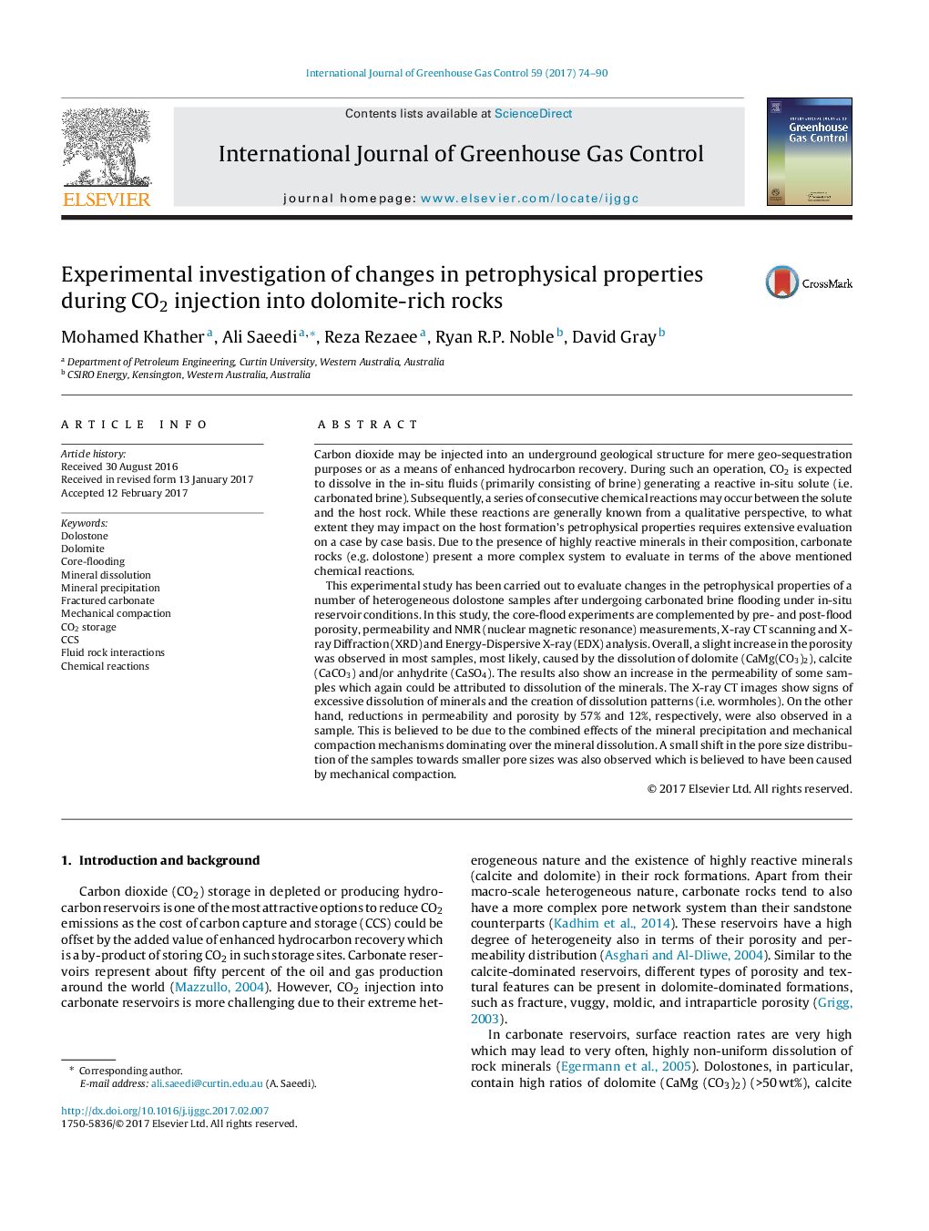 Experimental investigation of changes in petrophysical properties during CO2 injection into dolomite-rich rocks