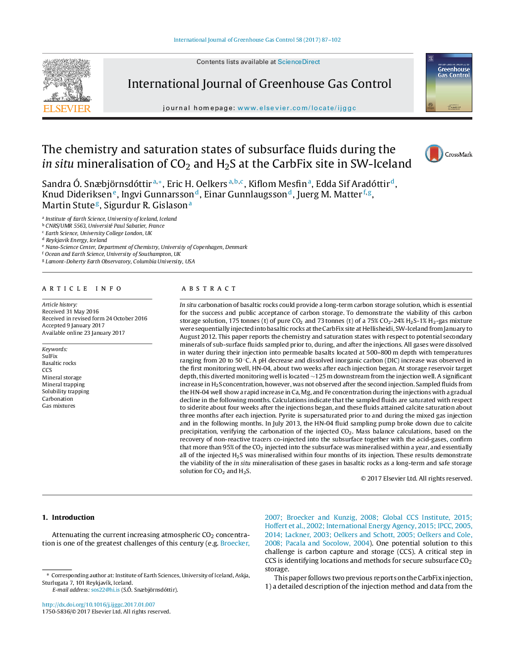 The chemistry and saturation states of subsurface fluids during the in situ mineralisation of CO2 and H2S at the CarbFix site in SW-Iceland