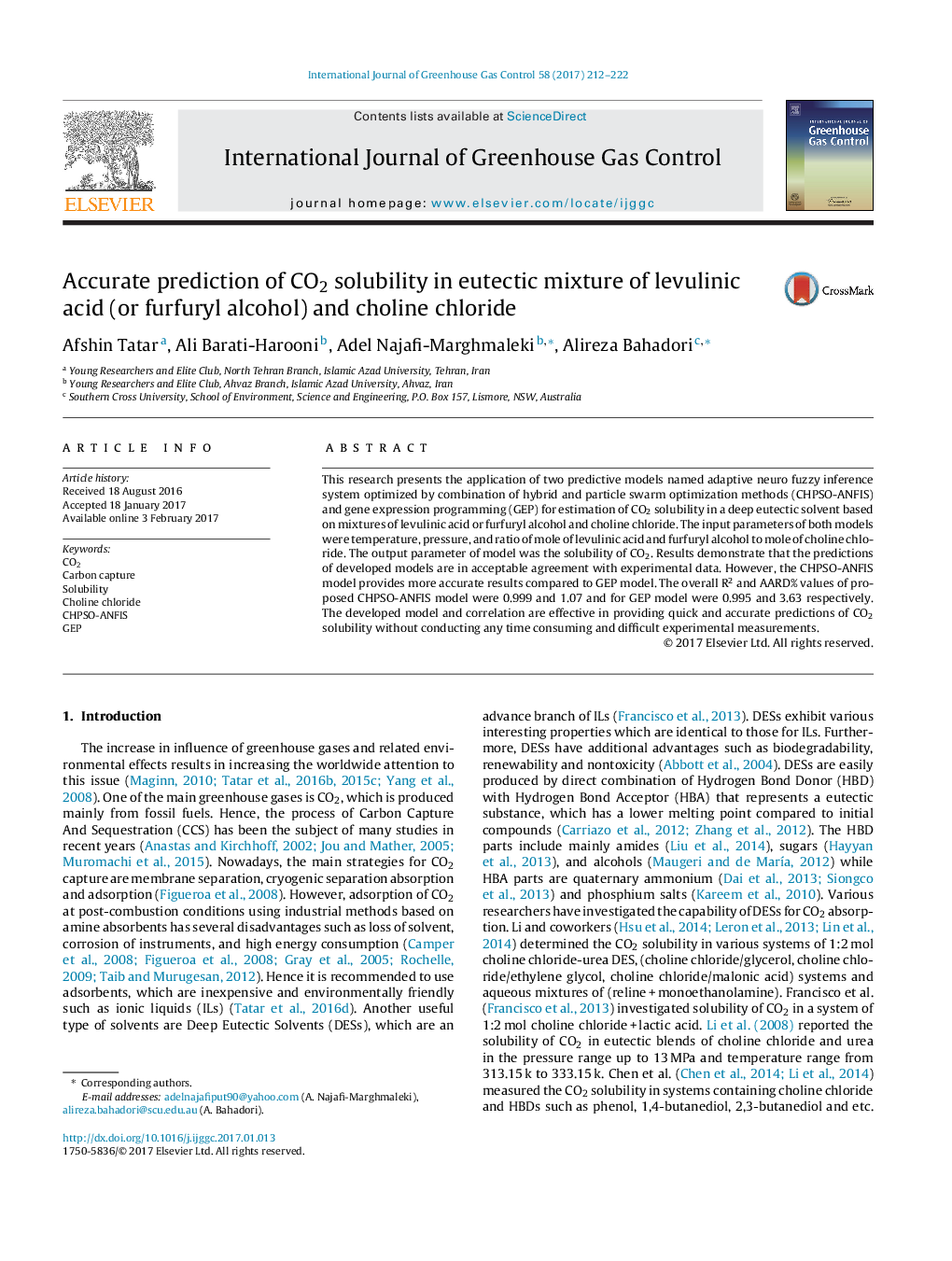 Accurate prediction of CO2 solubility in eutectic mixture of levulinic acid (or furfuryl alcohol) and choline chloride