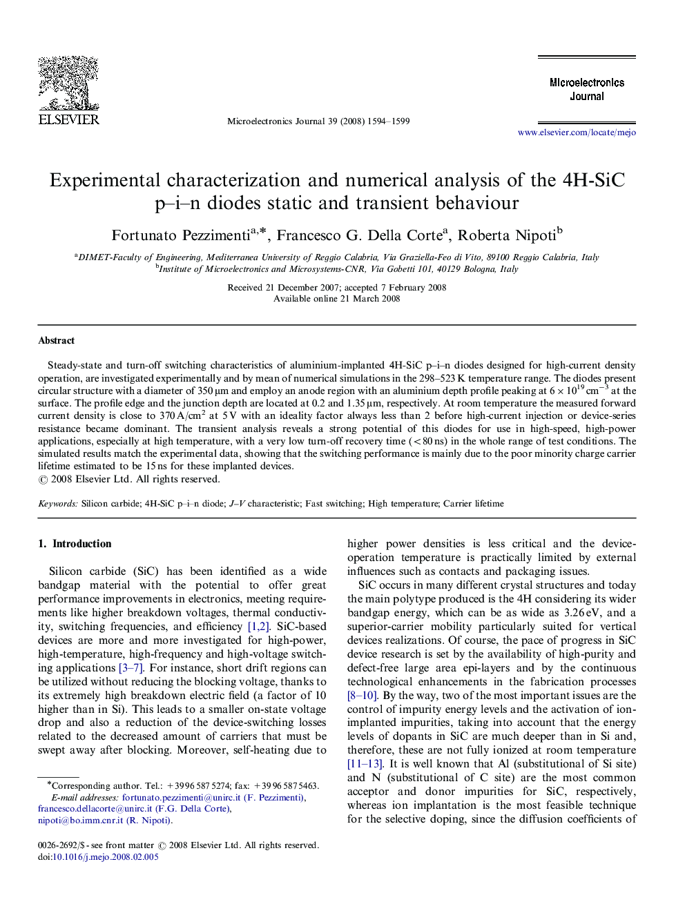 Experimental characterization and numerical analysis of the 4H-SiC p–i–n diodes static and transient behaviour