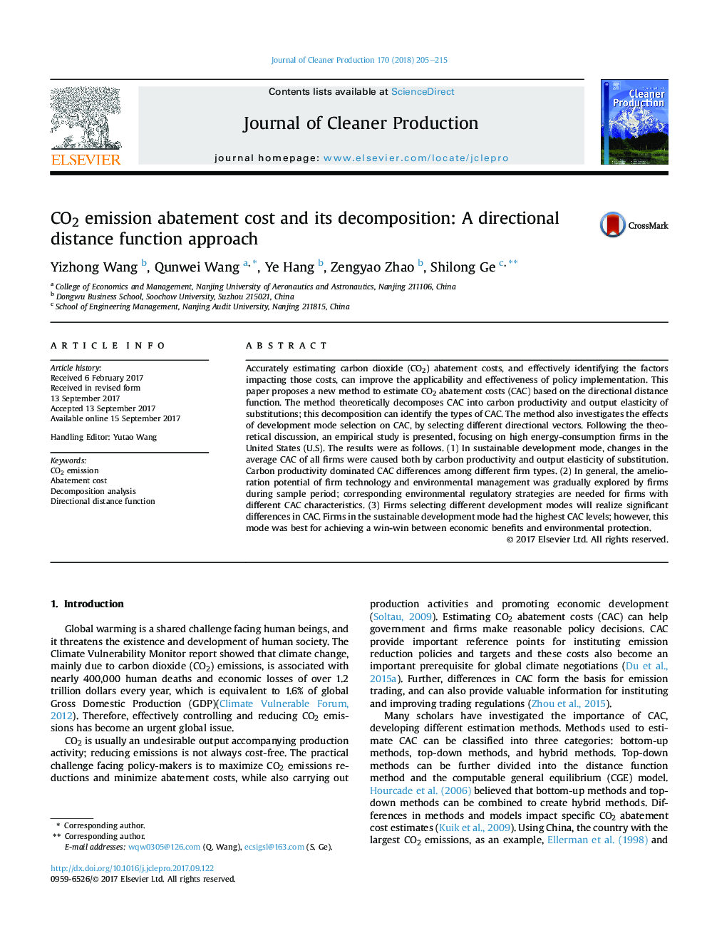 CO2 emission abatement cost and its decomposition: A directional distance function approach
