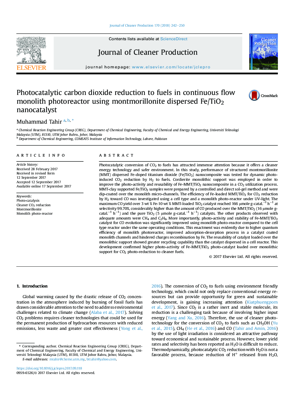 عکس صفحه اول مقاله: Photocatalytic carbon dioxide reduction to fuels in continuous flow monolith photoreactor using montmorillonite dispersed Fe/TiO2 nanocatalyst Photocatalytic carbon dioxide reduction to fuels in continuous flow monolith photoreactor using montmorillonite dispersed Fe/TiO2 nanocatalyst