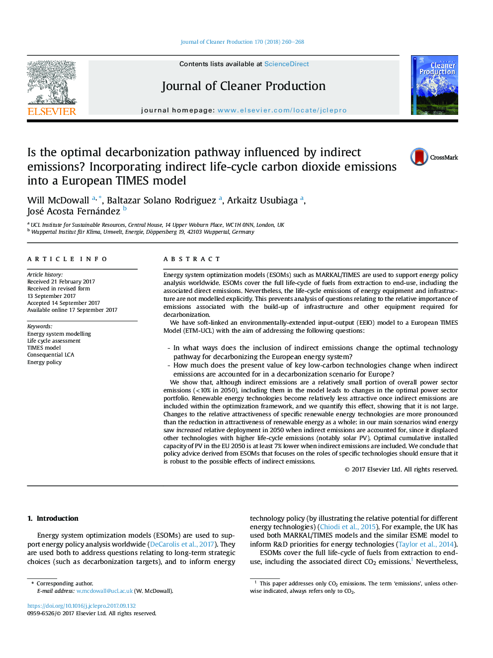 Is the optimal decarbonization pathway influenced by indirect emissions? Incorporating indirect life-cycle carbon dioxide emissions into a European TIMES model