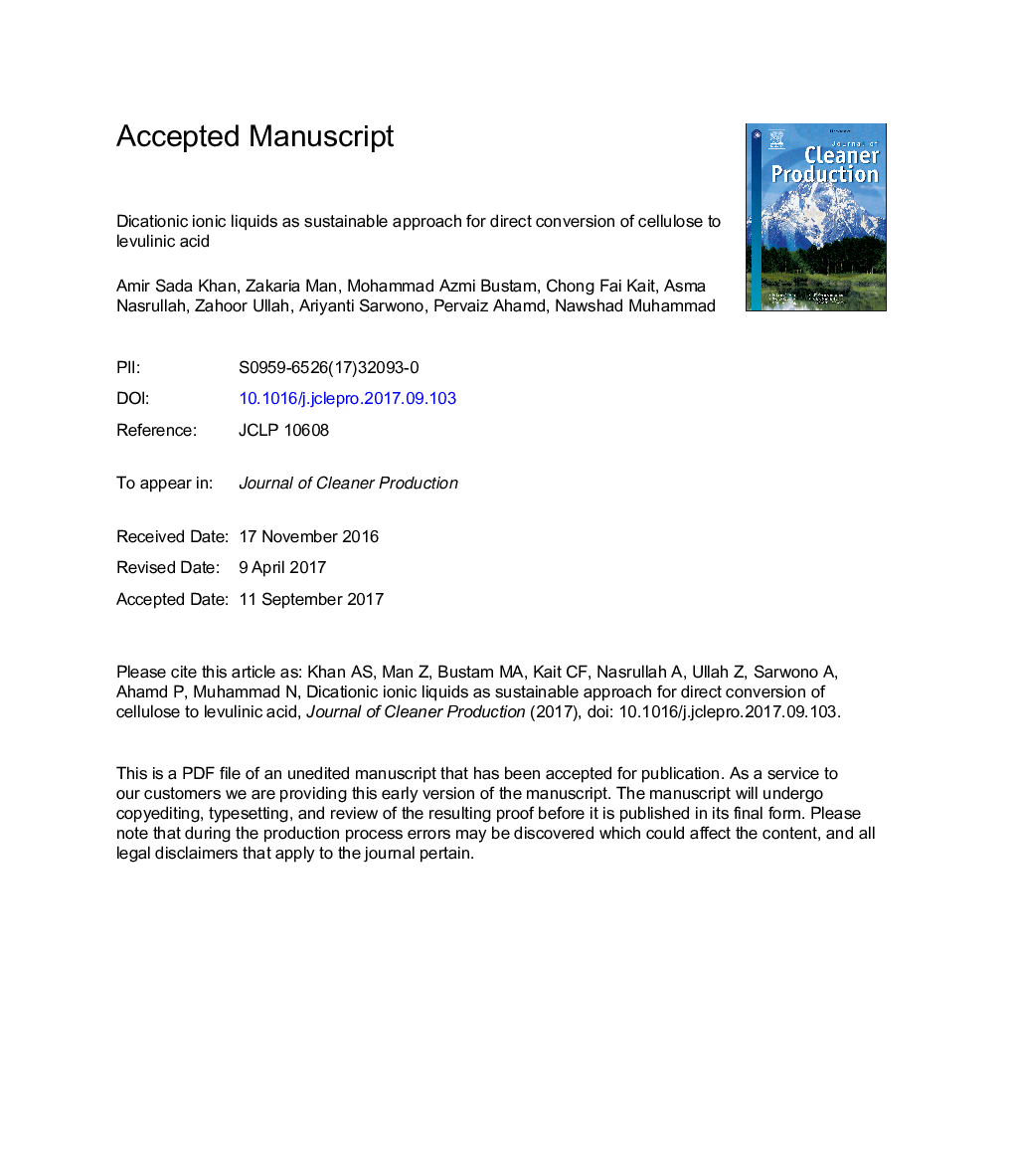 Dicationic ionic liquids as sustainable approach for direct conversion of cellulose to levulinic acid