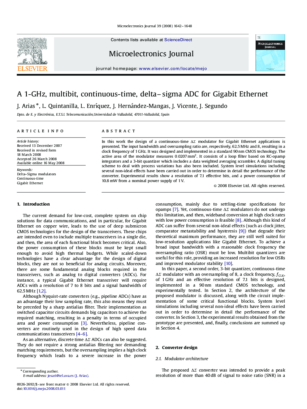 A 1-GHz, multibit, continuous-time, delta–sigma ADC for Gigabit Ethernet