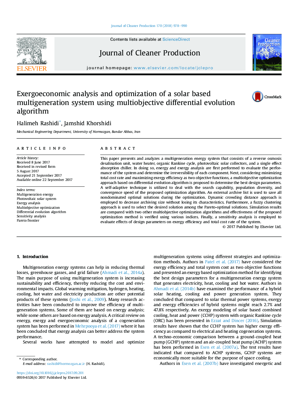 عکس صفحه اول مقاله: Exergoeconomic analysis and optimization of a solar based multigeneration system using multiobjective differential evolution algorithm Exergoeconomic analysis and optimization of a solar based multigeneration system using multiobjective differential evolution algorithm