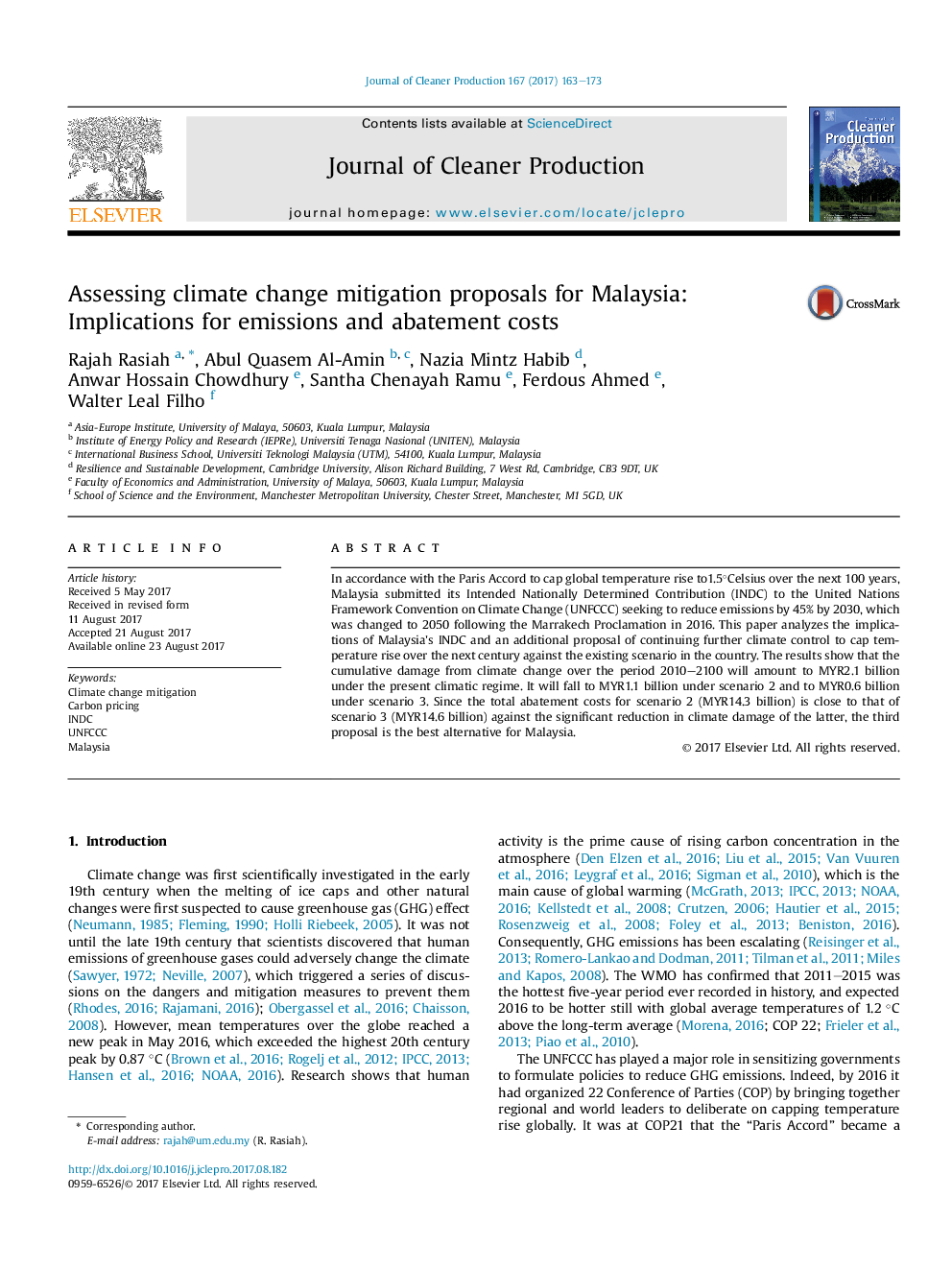 Assessing climate change mitigation proposals for Malaysia: Implications for emissions and abatement costs