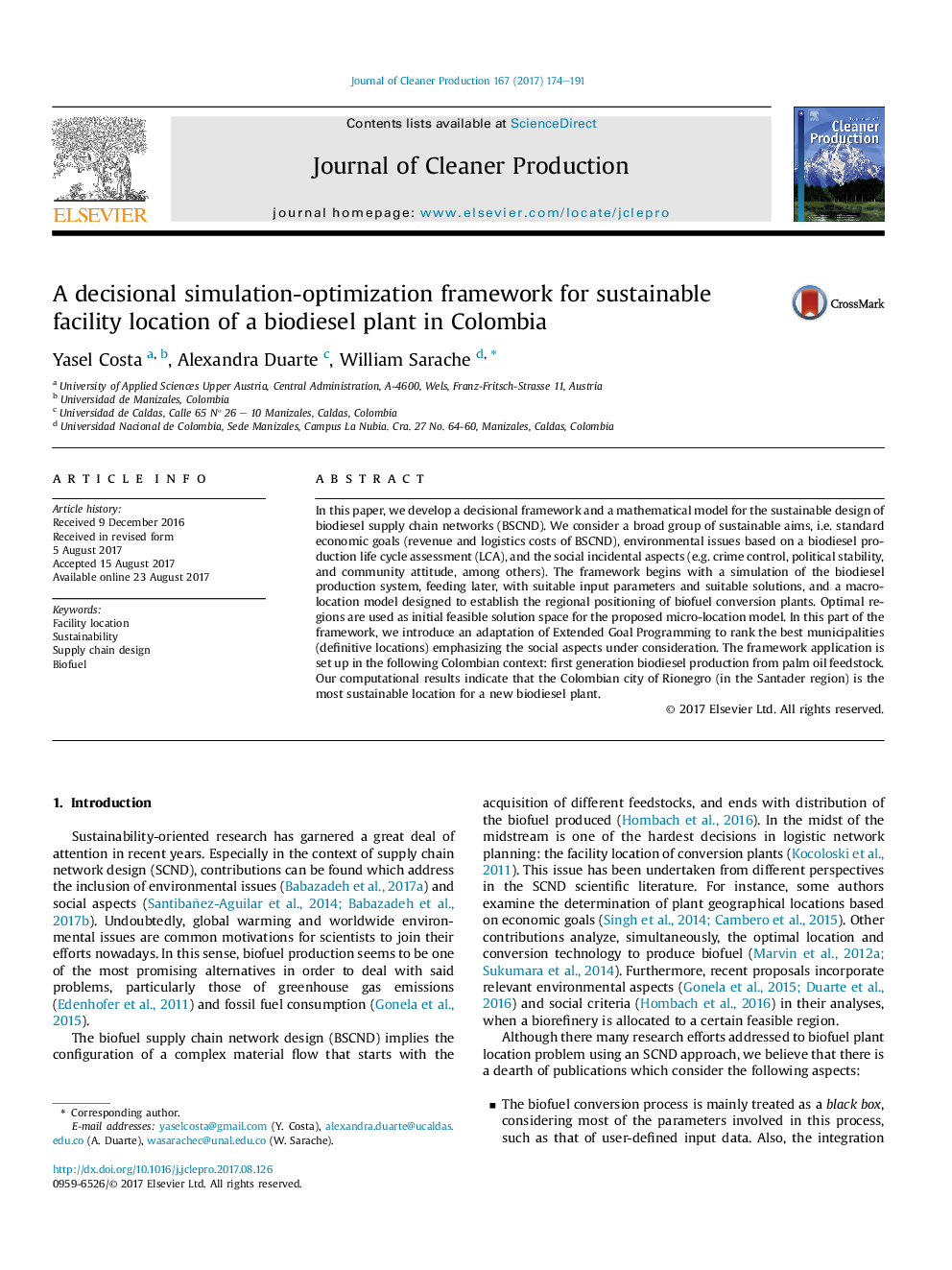 A decisional simulation-optimization framework for sustainable facility location of a biodiesel plant in Colombia