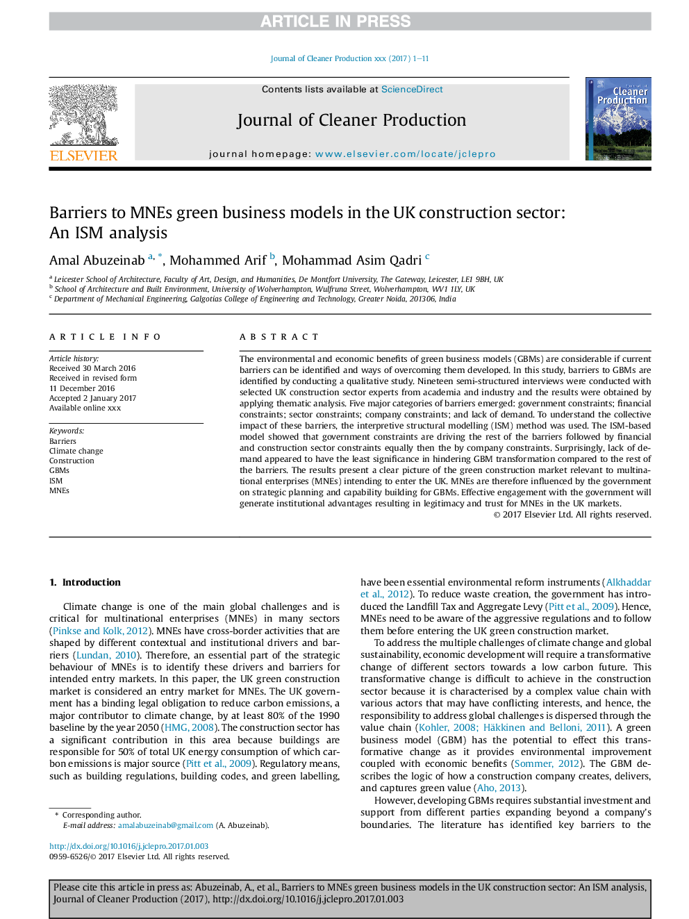 عکس صفحه اول مقاله: Barriers to MNEs green business models in the UK construction sector: An ISM analysis Barriers to MNEs green business models in the UK construction sector: An ISM analysis
