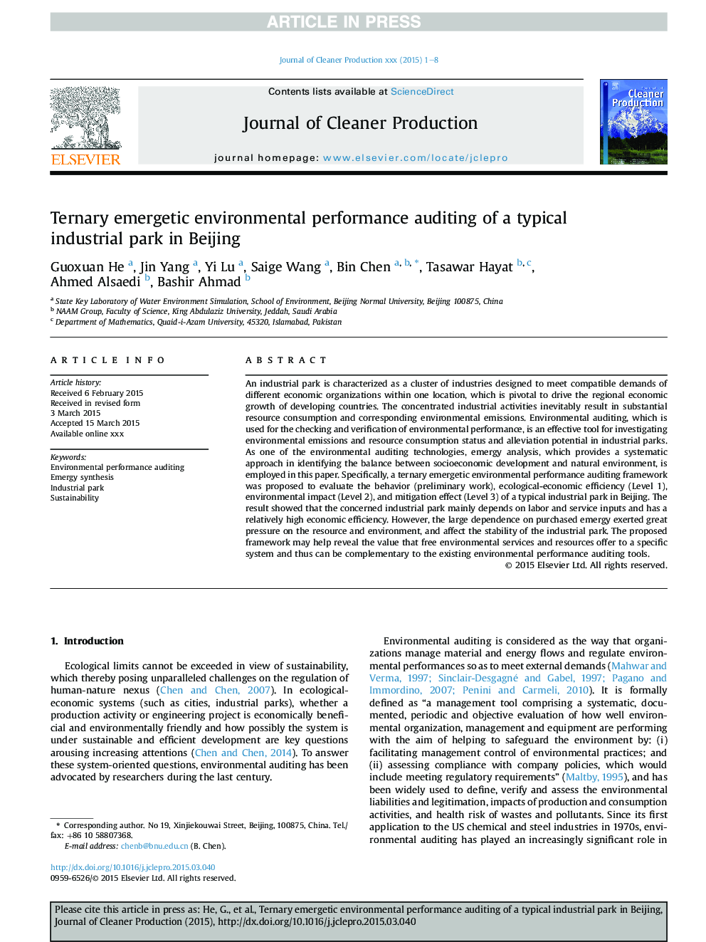 Ternary emergetic environmental performance auditing of a typical industrial park in Beijing