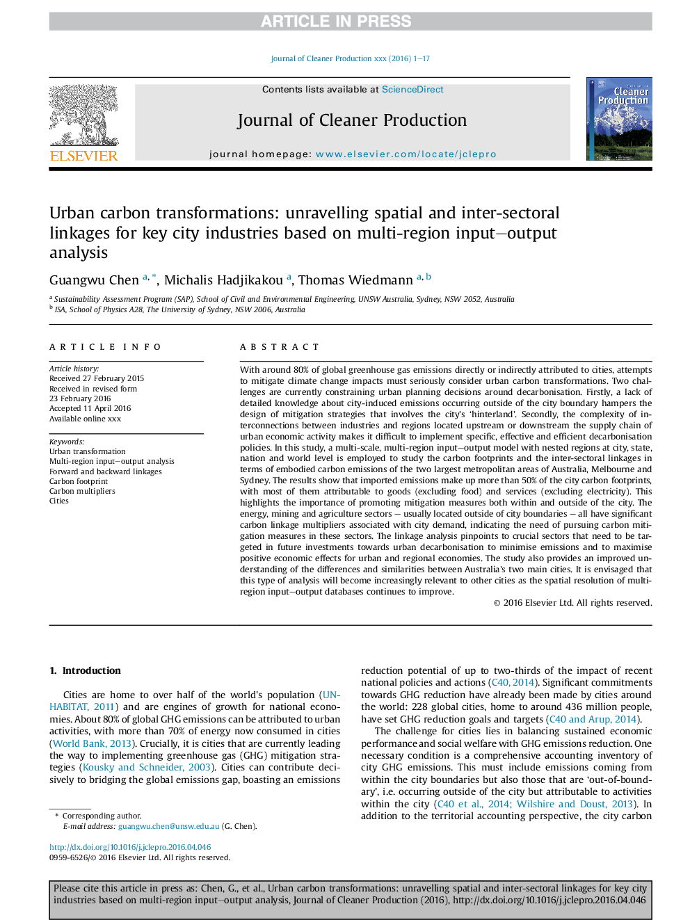 Urban carbon transformations: unravelling spatial and inter-sectoral linkages for key city industries based on multi-region input-output analysis