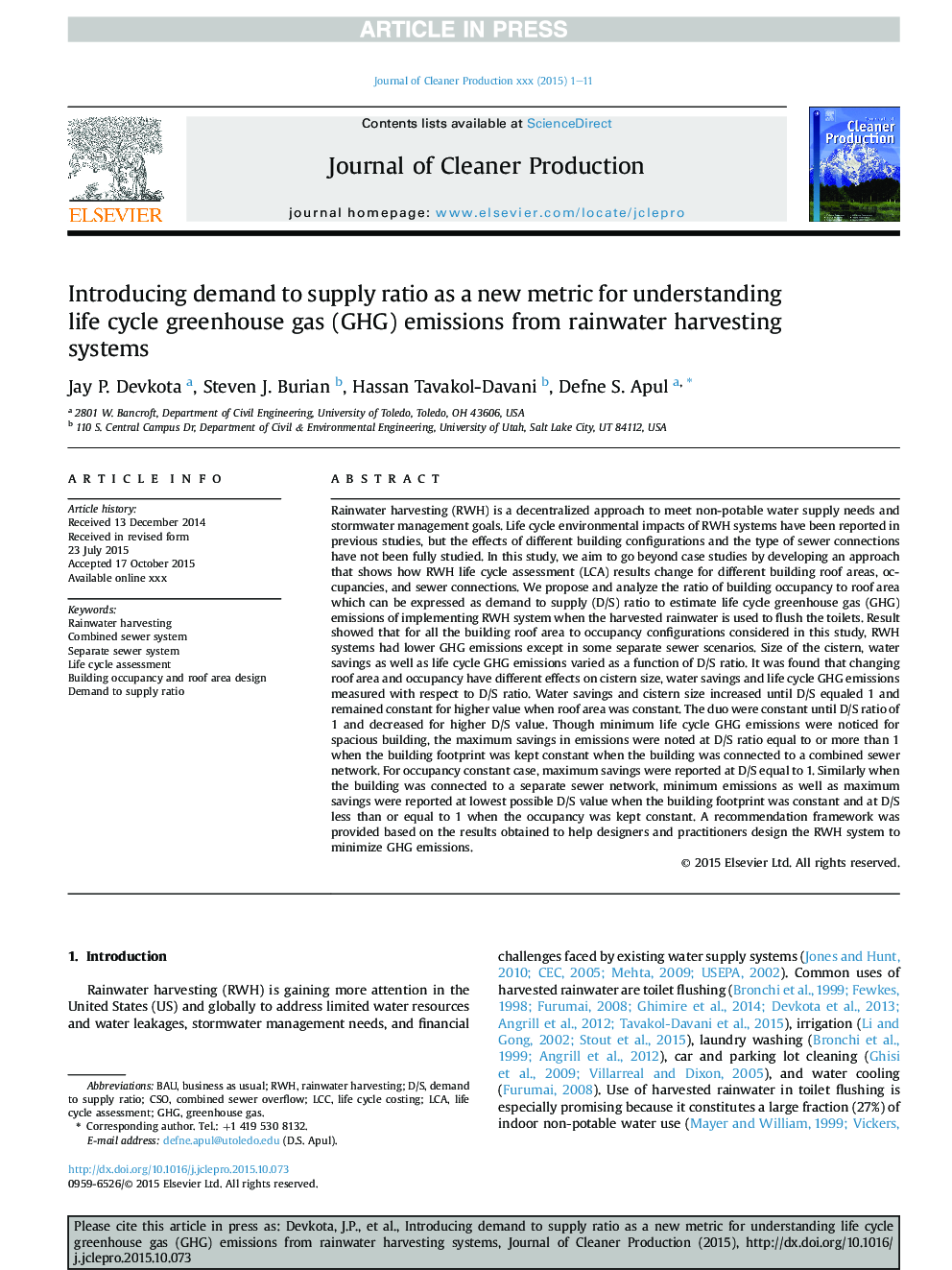 Introducing demand to supply ratio as a new metric for understanding life cycle greenhouse gas (GHG) emissions from rainwater harvesting systems