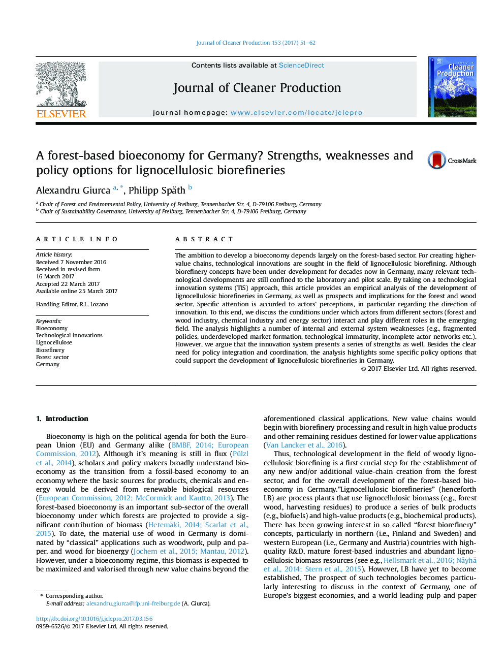 A forest-based bioeconomy for Germany? Strengths, weaknesses and policy options for lignocellulosic biorefineries