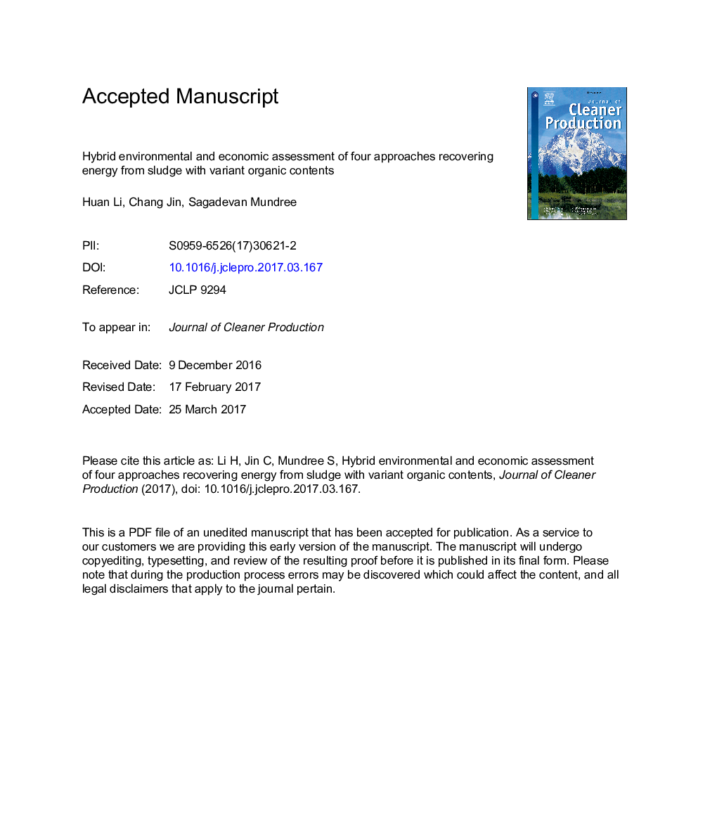 Hybrid environmental and economic assessment of four approaches recovering energy from sludge with variant organic contents