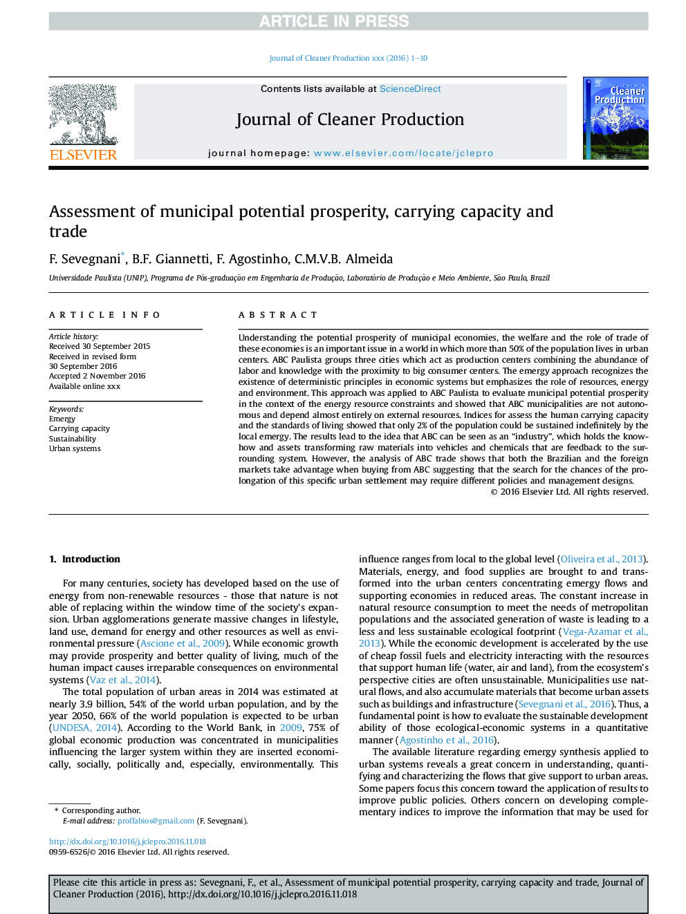 Assessment of municipal potential prosperity, carrying capacity and trade