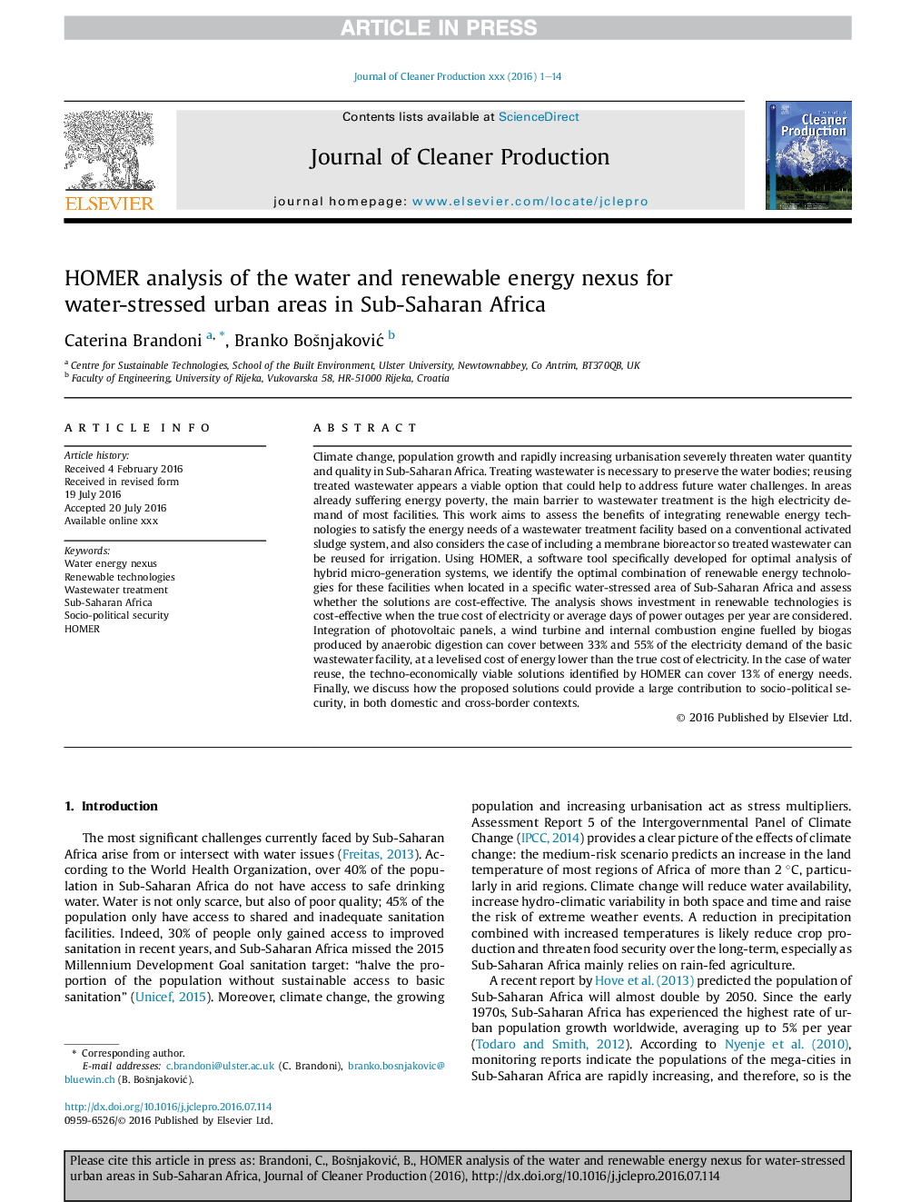 HOMER analysis of the water and renewable energy nexus for water-stressed urban areas in Sub-Saharan Africa