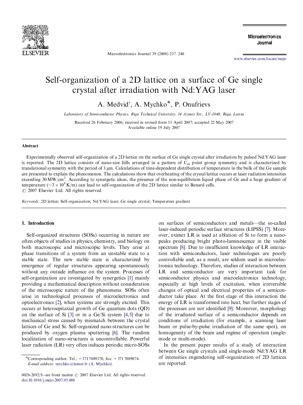 Self-organization of a 2D lattice on a surface of Ge single crystal after irradiation with Nd:YAG laser