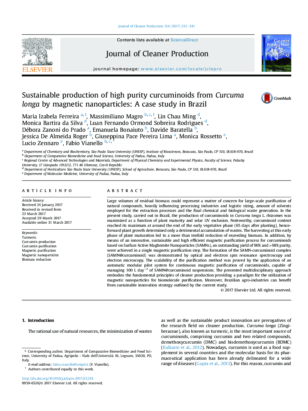 Sustainable production of high purity curcuminoids from Curcuma longa by magnetic nanoparticles: A case study in Brazil