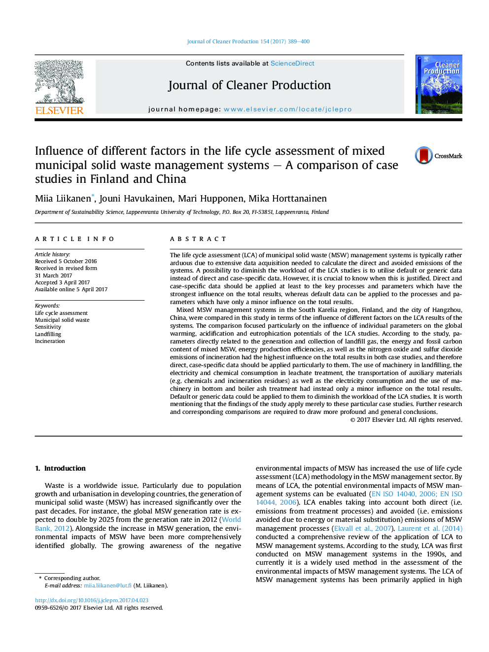 Influence of different factors in the life cycle assessment of mixed municipal solid waste management systems - A comparison of case studies in Finland and China