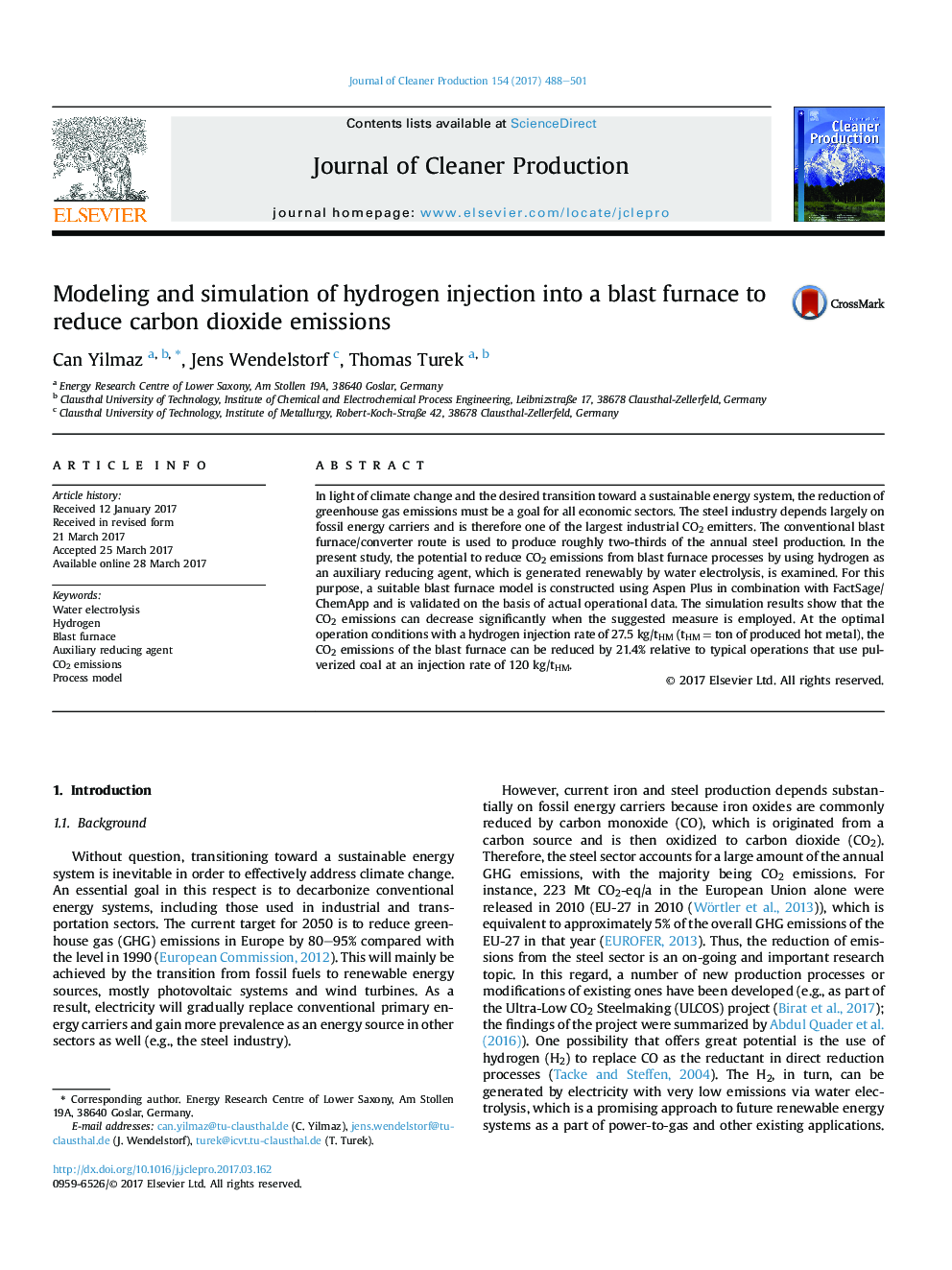 Modeling and simulation of hydrogen injection into a blast furnace to reduce carbon dioxide emissions