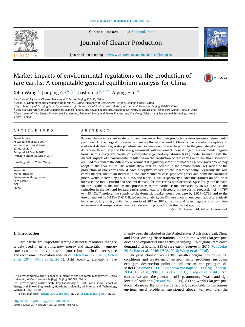 Market impacts of environmental regulations on the production of rare earths: A computable general equilibrium analysis for China