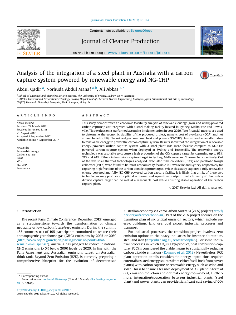 Analysis of the integration of a steel plant in Australia with a carbon capture system powered by renewable energy and NG-CHP