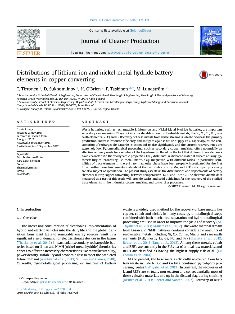 Distributions of lithium-ion and nickel-metal hydride battery elements in copper converting