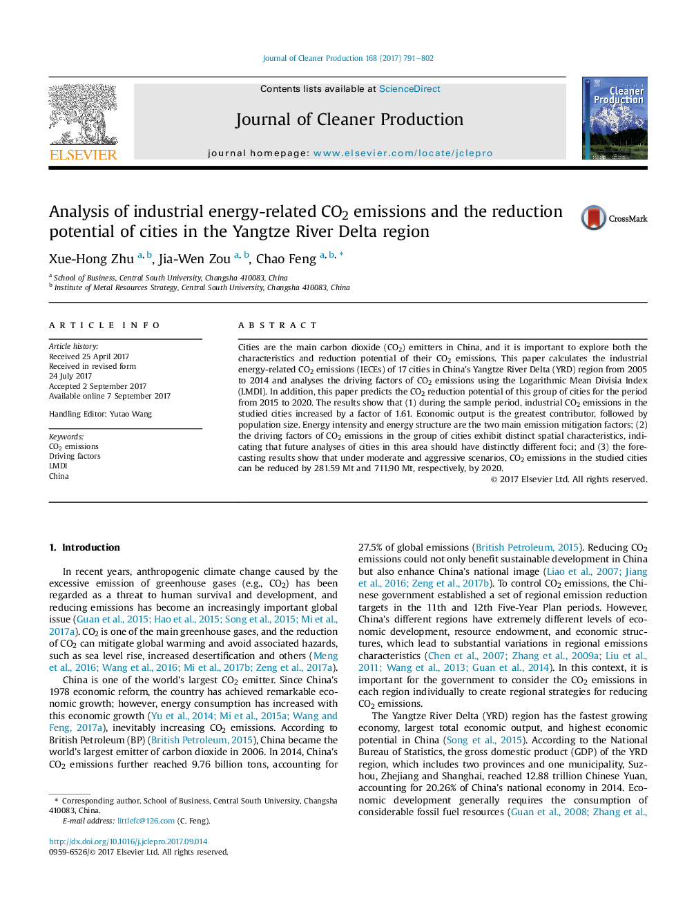 Analysis of industrial energy-related CO2 emissions and the reduction potential of cities in the Yangtze River Delta region