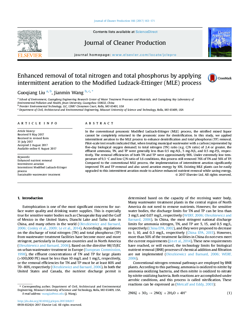 Enhanced removal of total nitrogen and total phosphorus by applying intermittent aeration to the Modified Ludzack-Ettinger (MLE) process