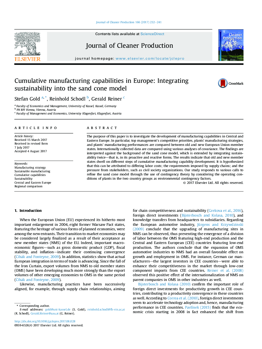 Cumulative manufacturing capabilities in Europe: Integrating sustainability into the sand cone model