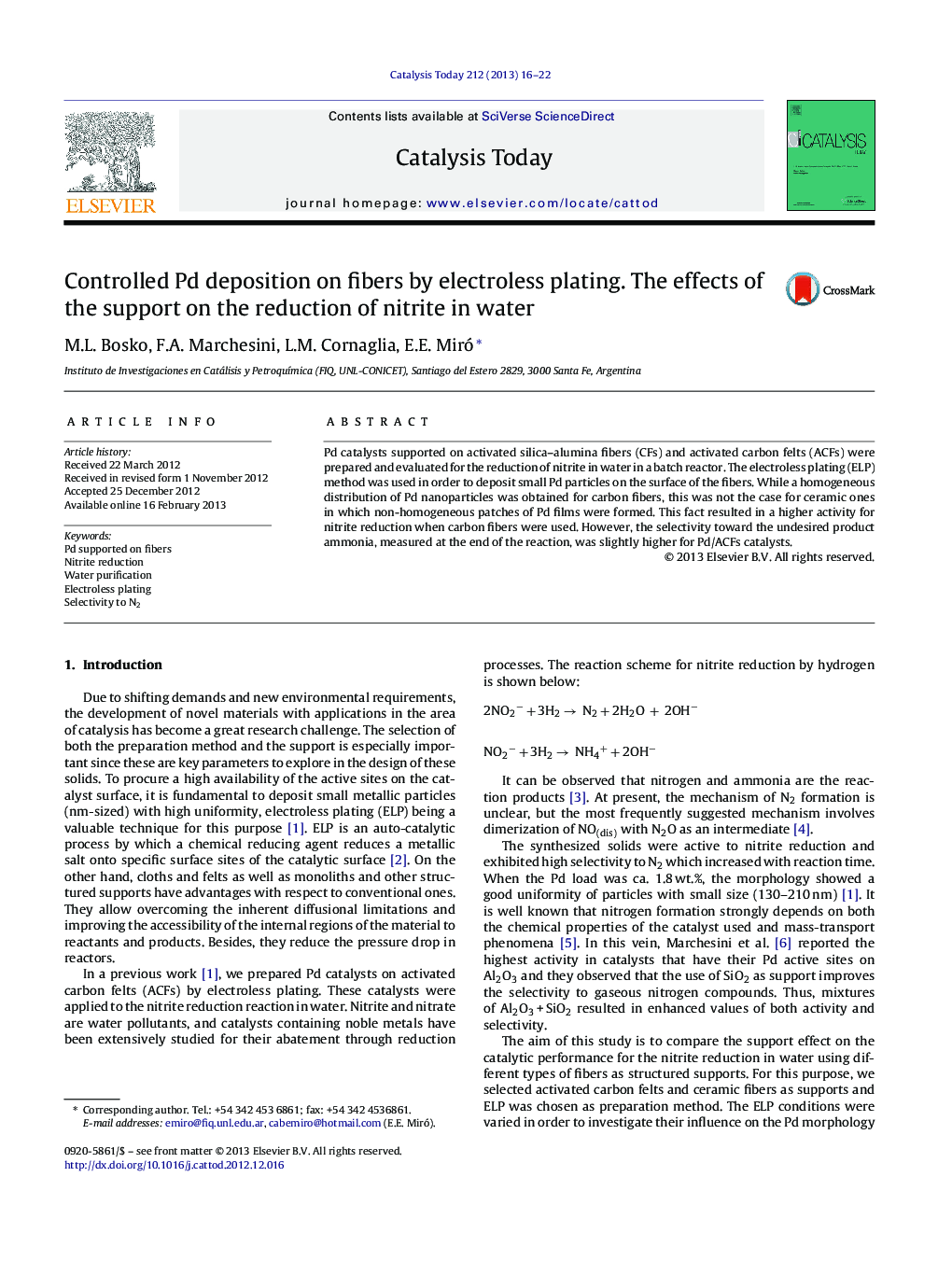 Controlled Pd deposition on fibers by electroless plating. The effects of the support on the reduction of nitrite in water