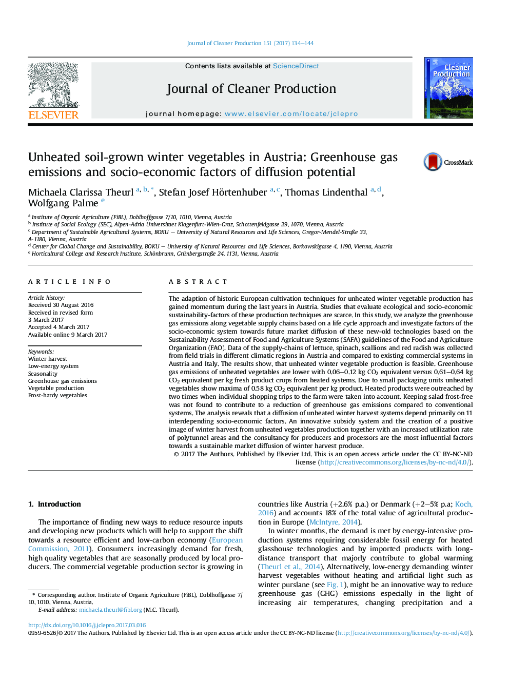 Unheated soil-grown winter vegetables in Austria: Greenhouse gas emissions and socio-economic factors of diffusion potential