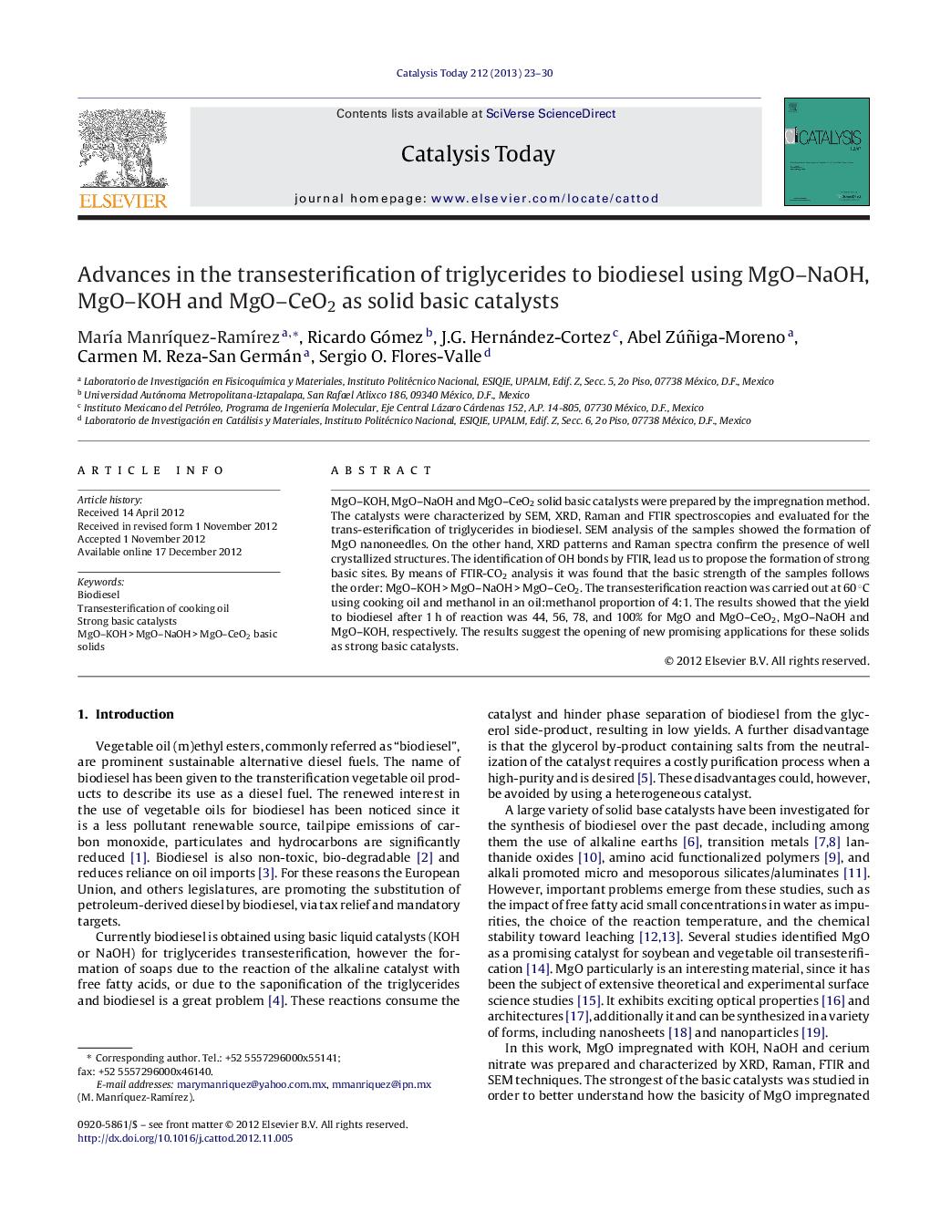 Advances in the transesterification of triglycerides to biodiesel using MgO–NaOH, MgO–KOH and MgO–CeO2 as solid basic catalysts
