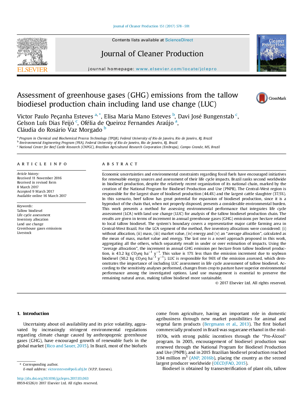 Assessment of greenhouse gases (GHG) emissions from the tallow biodiesel production chain including land use change (LUC)