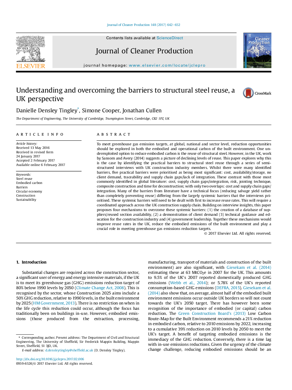 Understanding and overcoming the barriers to structural steel reuse, a UK perspective