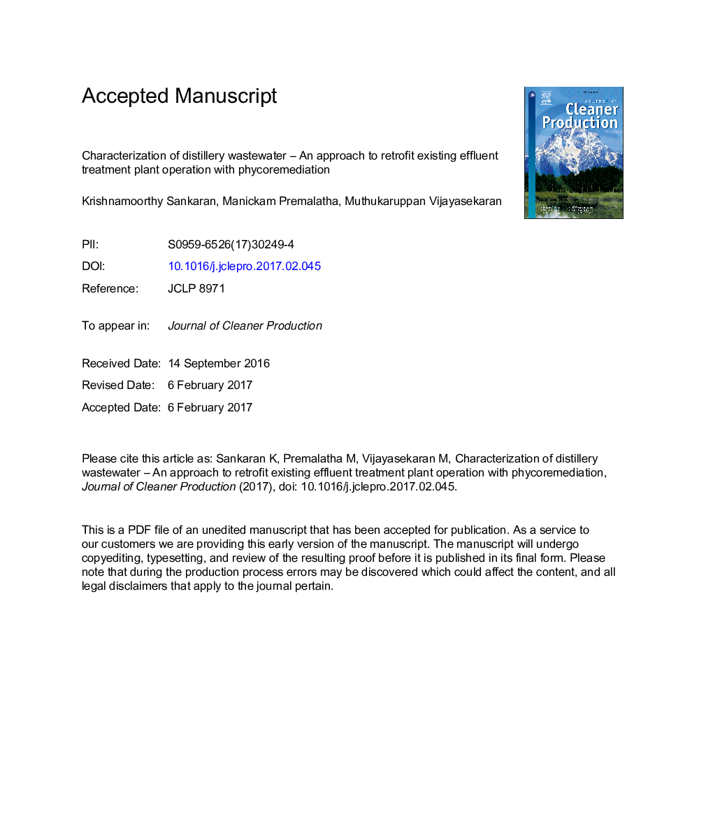 Characterization of distillery wastewater - An approach to retrofit existing effluent treatment plant operation with phycoremediation