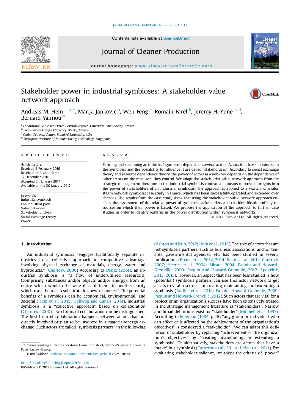 Stakeholder power in industrial symbioses: A stakeholder value network approach