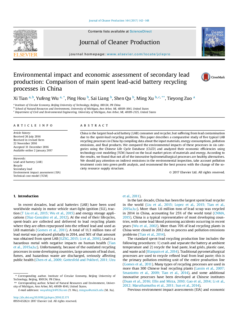 Environmental impact and economic assessment of secondary lead production: Comparison of main spent lead-acid battery recycling processes in China