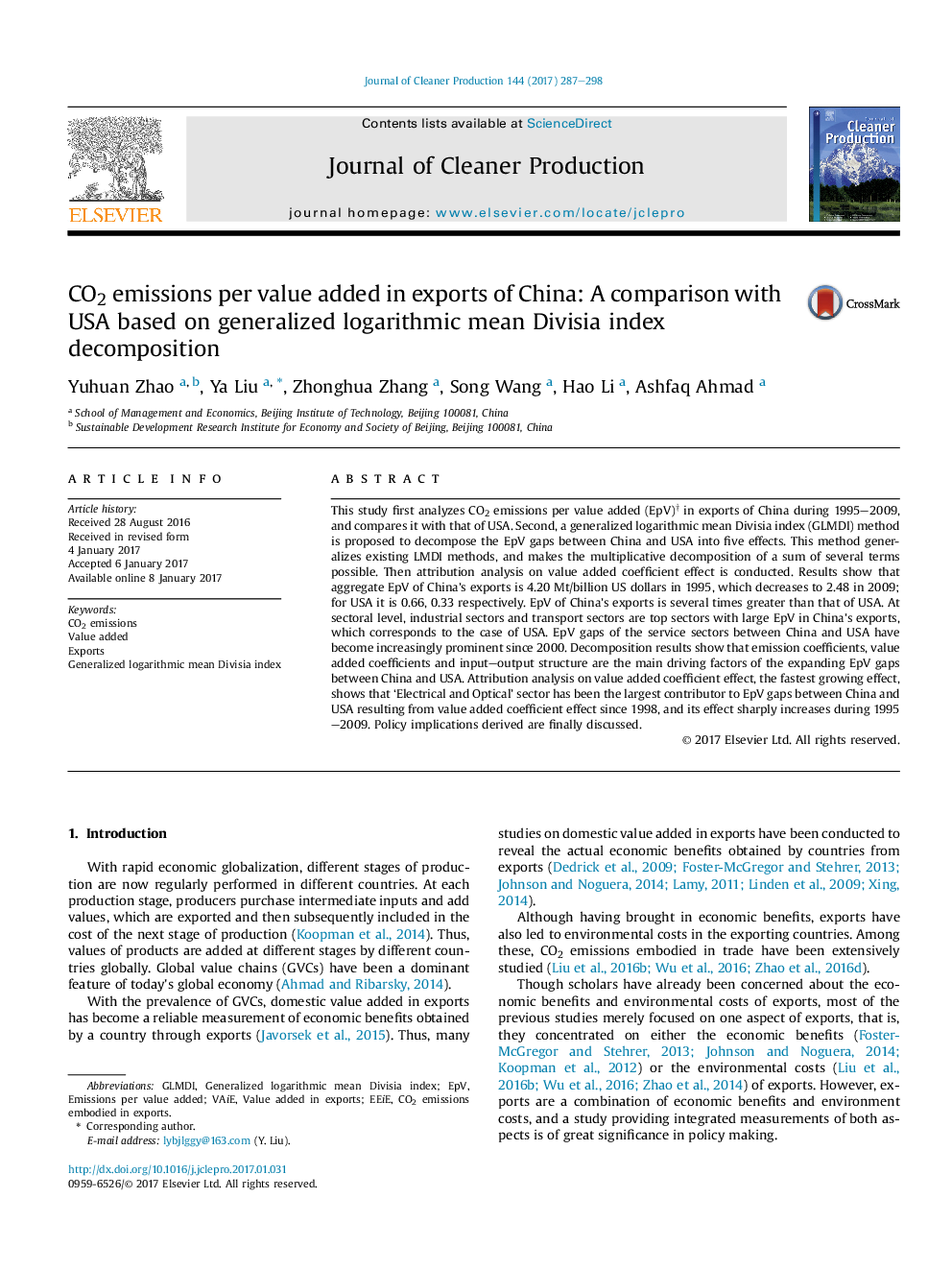 CO2 emissions per value added in exports of China: A comparison with USA based on generalized logarithmic mean Divisia index decomposition