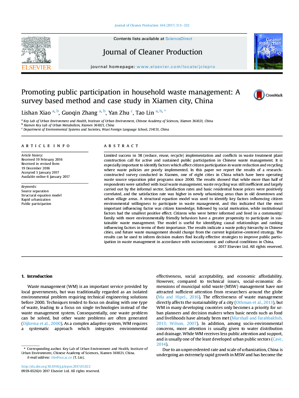 ترویج مشارکت عمومی در مدیریت ضایعات خانگی: روش تحقیق و مطالعه موردی در شهر چیانگ، چین 