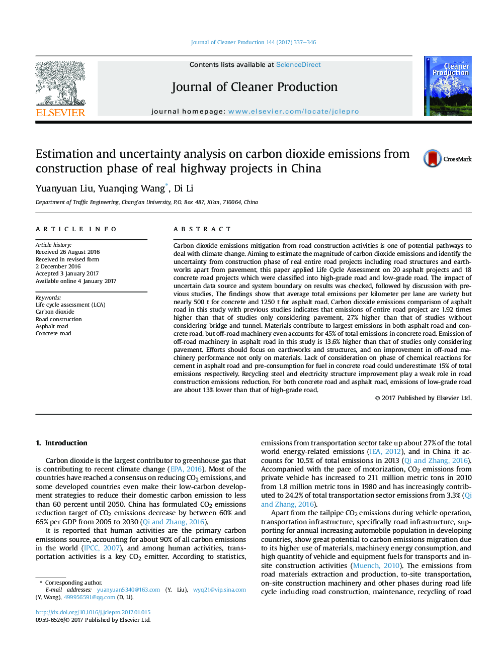 Estimation and uncertainty analysis on carbon dioxide emissions from construction phase of real highway projects in China