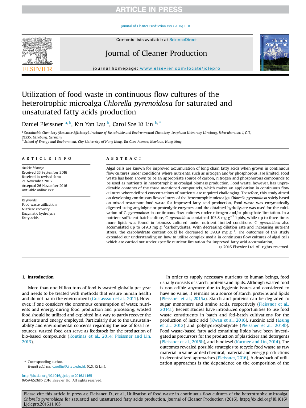 Utilization of food waste in continuous flow cultures of the heterotrophic microalga Chlorella pyrenoidosa for saturated and unsaturated fatty acids production