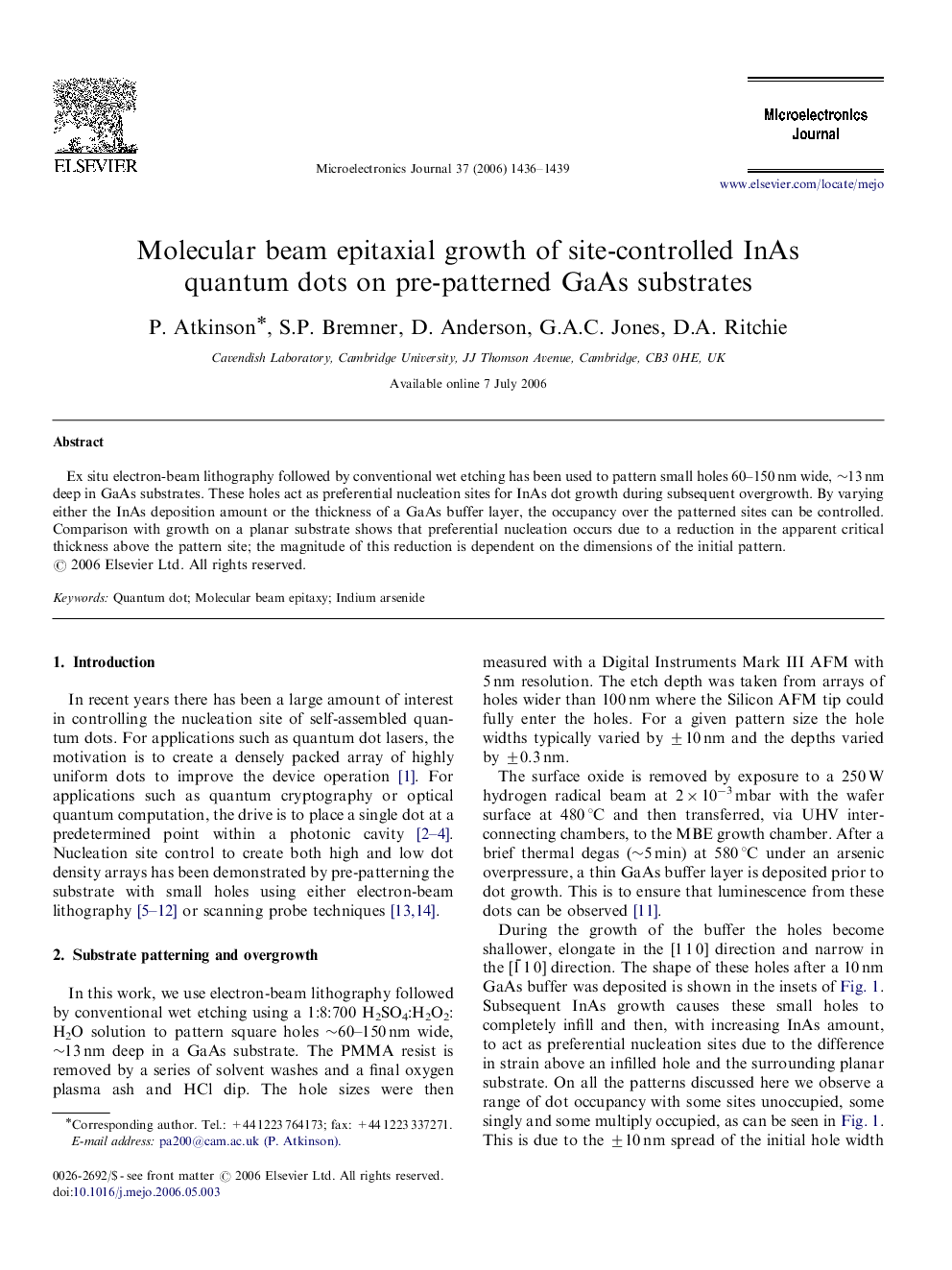 Molecular beam epitaxial growth of site-controlled InAs quantum dots on pre-patterned GaAs substrates