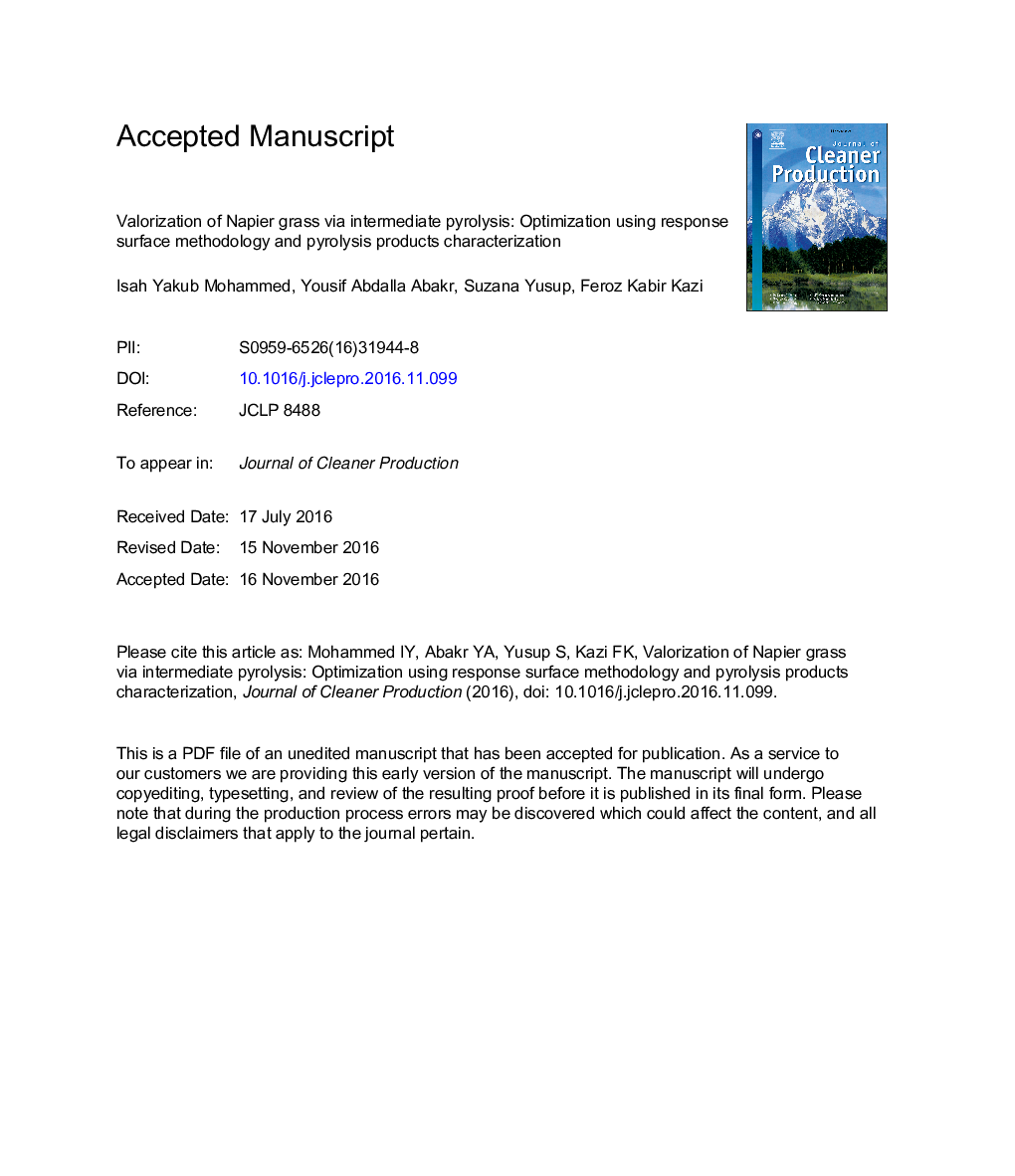 Valorization of Napier grass via intermediate pyrolysis: Optimization using response surface methodology and pyrolysis products characterization