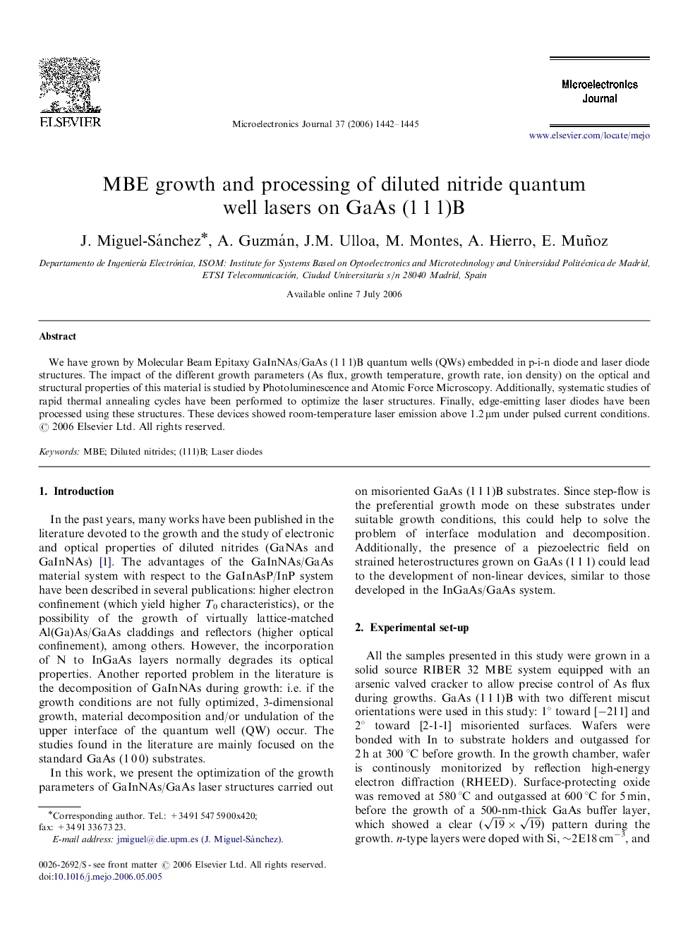 MBE growth and processing of diluted nitride quantum well lasers on GaAs (1Â 1Â 1)B